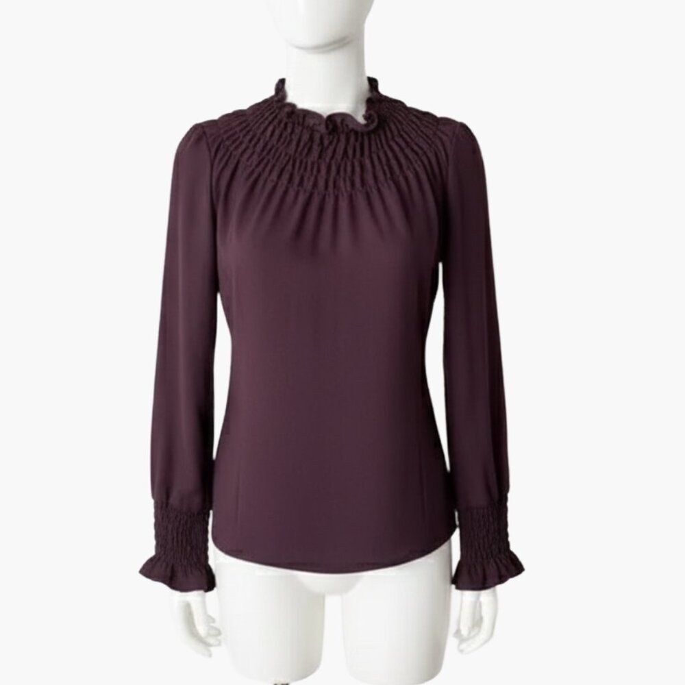 The Fold London Stretch Wool Dark Purple Smocked Neck Blouse Size 6